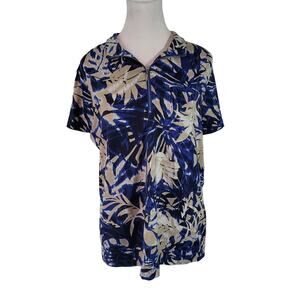 Chico's Size 2 US L Tropical 1/4 Zip Pullover Collared Short Sleeve Top Blue Tan